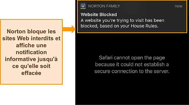 Capture d'&eacute;cran de la mise en surbrillance de la notification de Norton lorsque vous essayez d'acc&eacute;der &agrave; un site Web restreint par le contr&ocirc;le parental.