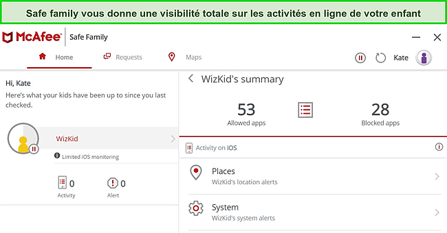 Capture d'&eacute;cran de l'application Safe Family de McAfee montrant le tableau de bord et les fonctionnalit&eacute;s.