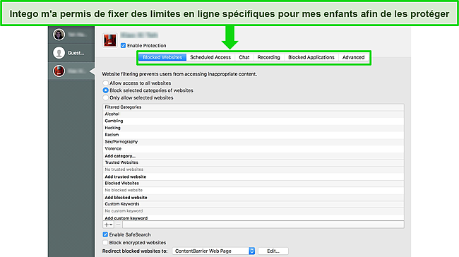 Capture d'&eacute;cran de l'application Safe Family de McAfee montrant le tableau de bord et les fonctionnalit&eacute;s.