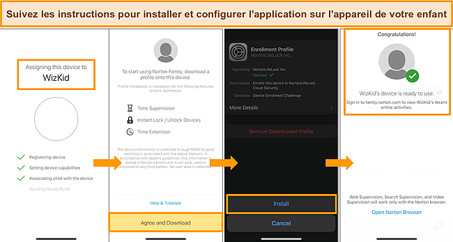 Capture d'&eacute;cran du processus de configuration des contr&ocirc;les parentaux pour Norton sur un iPhone.