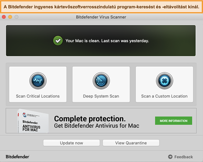 Pillanatk&eacute;p a Bitdefender alkalmaz&aacute;s ir&aacute;ny&iacute;t&oacute;pultj&aacute;r&oacute;l Mac-en
