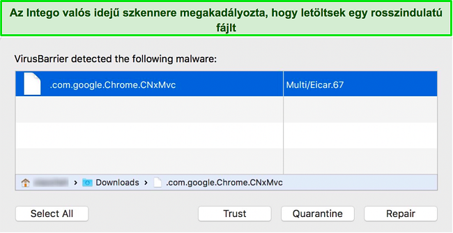 K&eacute;pernyők&eacute;p az Intego val&oacute;s idejű szkenner&eacute;ről, amely blokkolja a rosszindulat&uacute; f&aacute;jlok let&ouml;lt&eacute;s&eacute;t