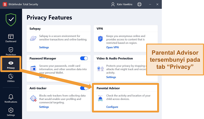 Tangkapan layar aplikasi Bitdefender dengan Parental Advisor disorot.