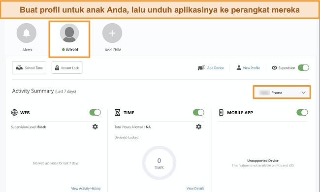 Tangkapan layar dari Norton Family Portal dengan profil anak yang dibuat.
