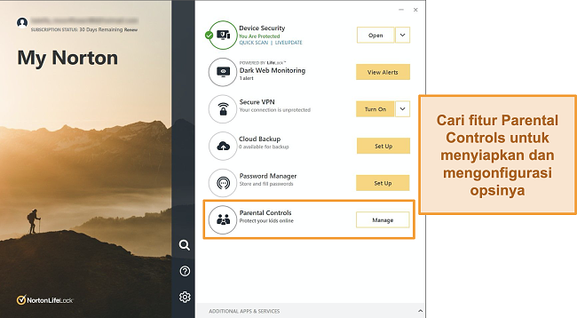 Tangkapan layar dari antarmuka aplikasi Norton 360 dengan Parental Controls disorot