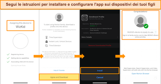 Screenshot che mostra i vari passaggi per impostare il controllo genitori di Norton sul dispositivo di tuo figlio