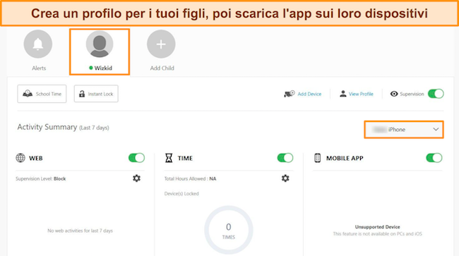 Screenshot che mostra come creare un profilo bambino per il controllo genitori di Norton