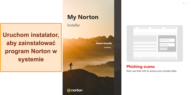Zrzut ekranu przedstawiający trwającą instalację programu Norton w systemie Windows
