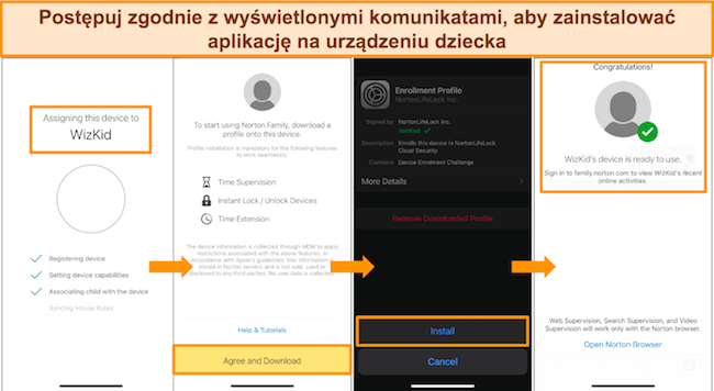 Zrzut ekranu przedstawiający r&oacute;żne kroki konfiguracji kontroli rodzicielskiej Norton na urządzeniu dziecka