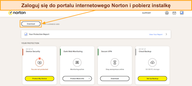 Zrzut ekranu pokazujący, jak pobrać konfigurację programu Norton z portalu internetowego