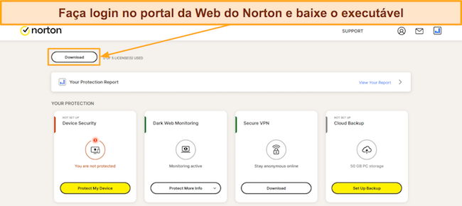 Captura de tela mostrando como fazer download da configura&ccedil;&atilde;o do Norton no portal da web