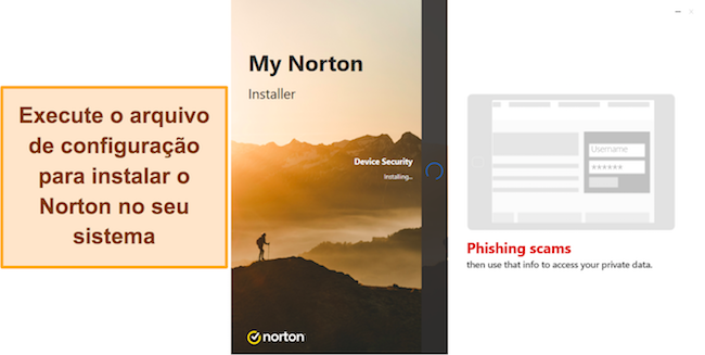 Captura de tela mostrando a configura&ccedil;&atilde;o do Norton em andamento no Windows