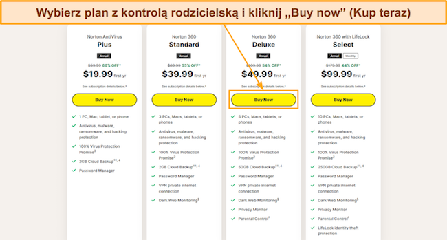 Zrzut ekranu pokazujący, jak wybrać jeden z plan&oacute;w Nortona