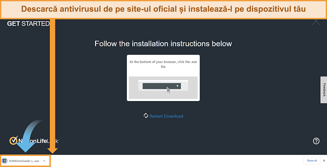 Captură de ecran a site-ului Norton 360 &icirc;ncep&acirc;nd procesul de descărcare și instalare.