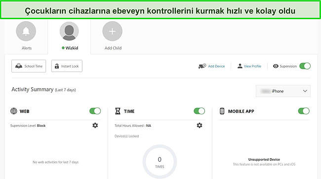 Norton'un Windows'taki ebeveyn denetimi panosunun ekran g&ouml;r&uuml;nt&uuml;s&uuml;.