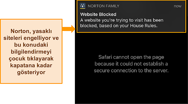 Ebeveyn denetimleriyle kısıtlanmış bir web sitesine erişmeye &ccedil;alışırken Norton'un bildirimini vurgulayan ekran g&ouml;r&uuml;nt&uuml;s&uuml;.