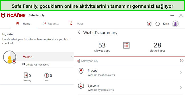 Pano ve &ouml;zellikleri g&ouml;steren McAfee'nin Safe Family uygulamasının ekran g&ouml;r&uuml;nt&uuml;s&uuml;.