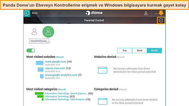 Panda Dome'un ebeveyn denetimi &ouml;zelliğinin, ayarları yapılandırmak i&ccedil;in pano ve dişli simgesini g&ouml;steren ekran g&ouml;r&uuml;nt&uuml;s&uuml;.