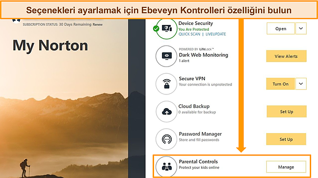 Ebeveyn Denetimleri &ouml;zelliğini vurgulayan Norton Windows uygulamasını g&ouml;steren ekran g&ouml;r&uuml;nt&uuml;s&uuml;.
