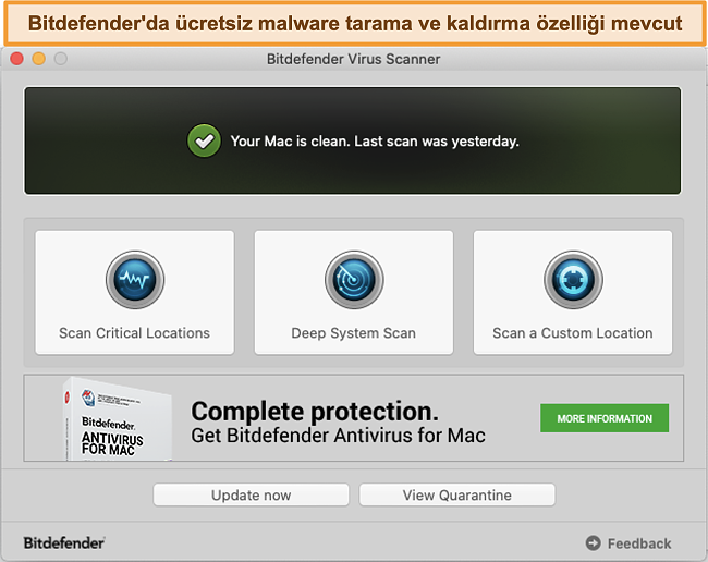 Mac'te Bitdefender uygulama kontrol panelinin ekran g&ouml;r&uuml;nt&uuml;s&uuml;