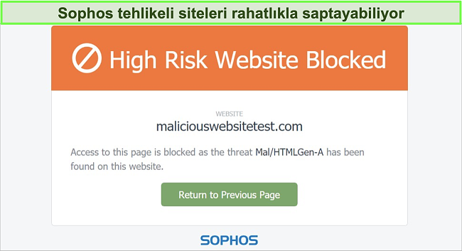 Sophos Web Protection'ın y&uuml;ksek riskli bir web sitesini engelleyen ekran g&ouml;r&uuml;nt&uuml;s&uuml;
