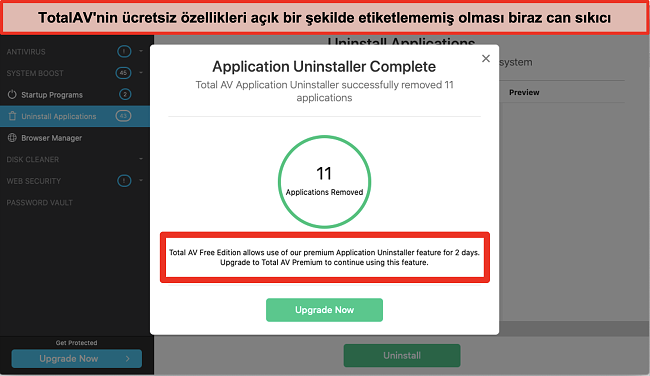 TotalAV Application Uninstaller &uuml;st satış girişiminin ekran g&ouml;r&uuml;nt&uuml;s&uuml;