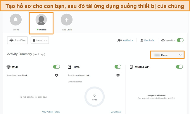 Ảnh chụp m&agrave;n h&igrave;nh Norton Family Portal với một hồ sơ trẻ em đ&atilde; được tạo.