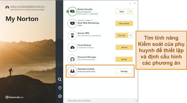 Ảnh chụp m&agrave;n h&igrave;nh giao diện ứng dụng Norton 360 với Parental Controls được đ&aacute;nh dấu
