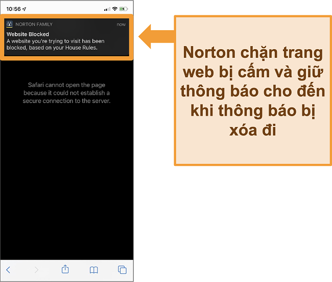 Ảnh chụp m&agrave;n h&igrave;nh phần mềm chống vi-r&uacute;t Norton với t&iacute;nh năng kiểm so&aacute;t của phụ huynh được k&iacute;ch hoạt tr&ecirc;n iPhone v&agrave; chặn c&aacute;c trang web bị cấm