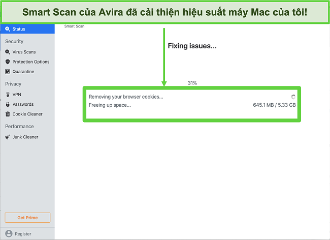 Ảnh chụp m&agrave;n h&igrave;nh Avira Smart Scan chạy tr&ecirc;n Mac