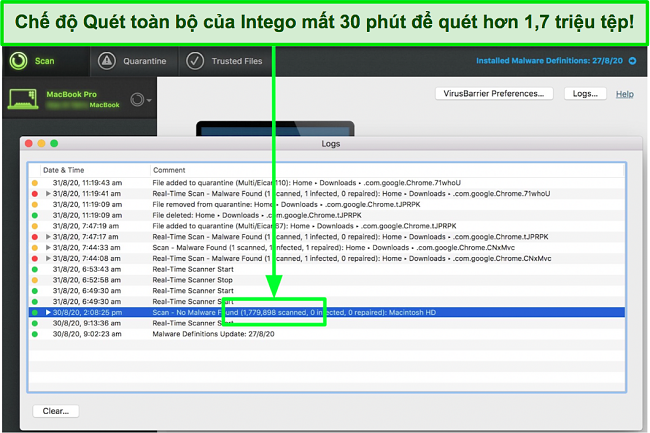 Ảnh chụp m&agrave;n h&igrave;nh kết quả qu&eacute;t to&agrave;n bộ của Intego