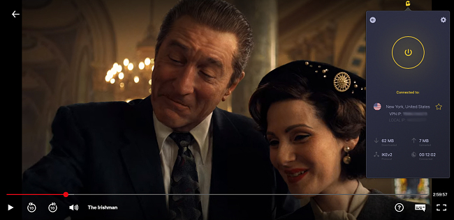 Zrzut ekranu The Irishman przesyłanego strumieniowo na Netflix przy użyciu serwera CyberGhost zoptymalizowanego pod kątem Netflix.