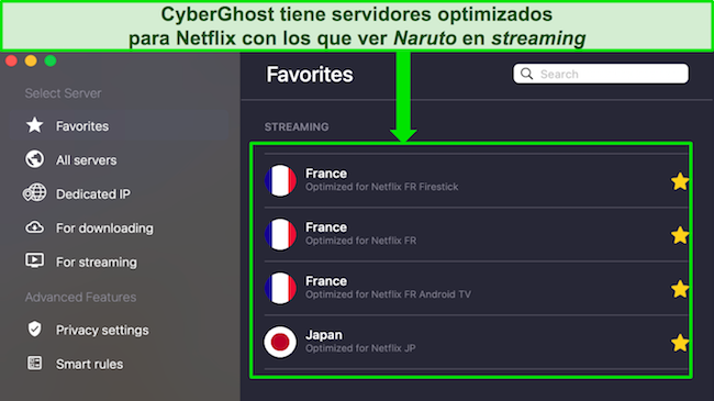 Captura de pantalla de la pesta&ntilde;a Favoritos de CyberGhost que muestra servidores de Netflix optimizados para Francia y Jap&oacute;n