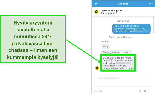 N&auml;ytt&ouml;kuva k&auml;ytt&auml;j&auml;lt&auml;, joka pyyt&auml;&auml; onnistuneesti hyvityst&auml; CyberGhostilta live-chatin kautta 30 p&auml;iv&auml;n rahanpalautustakuun kanssa