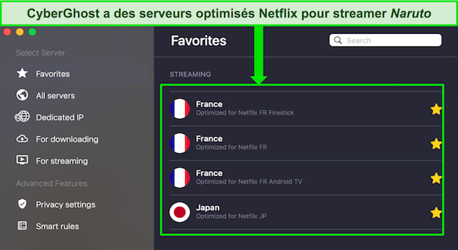 Capture d'&eacute;cran de l'onglet Favoris de CyberGhost montrant les serveurs Netflix optimis&eacute;s pour la France et le Japon