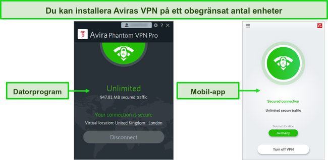 Sk&auml;rmdump av Avira Phantom VPN-station&auml;ra och mobila appar.
