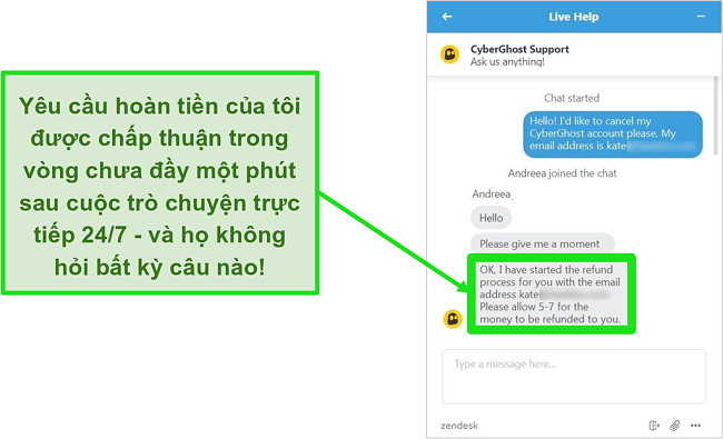 Ảnh chụp m&agrave;n h&igrave;nh của một người d&ugrave;ng y&ecirc;u cầu ho&agrave;n tiền th&agrave;nh c&ocirc;ng từ CyberGhost qua tr&ograve; chuyện trực tiếp với đảm bảo ho&agrave;n tiền trong 30 ng&agrave;y