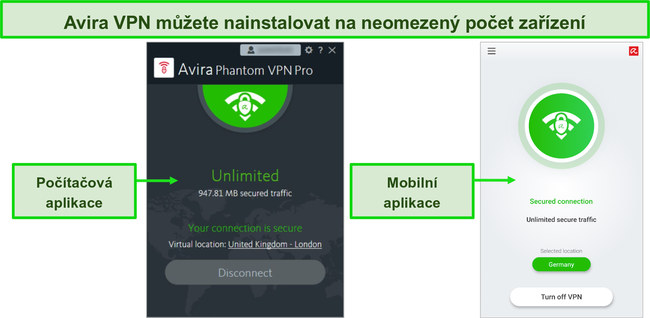 Screenshot z aplikace Avira Phantom VPN pro poč&iacute;tače a mobiln&iacute; aplikace.