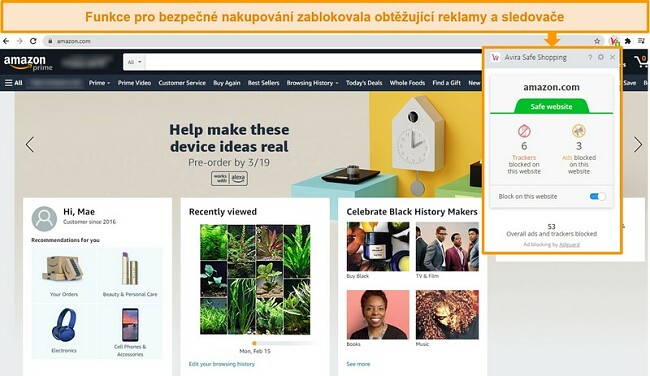 Screenshot roz&scaron;&iacute;řen&iacute; prohl&iacute;žeče Avira Safe Shopping v prohl&iacute;žeči Google Chrome.