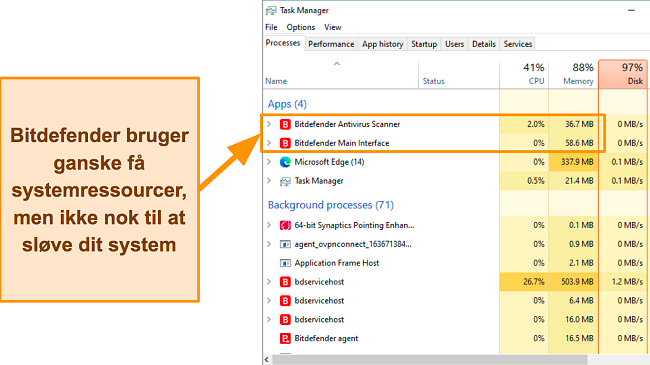 Sk&aelig;rmbillede, der viser Bitdefenders systemressourceudnyttelse