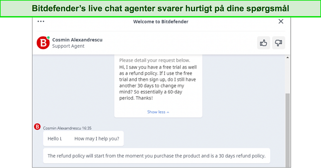 Sk&aelig;rmbillede af Bitdefenders live chat support