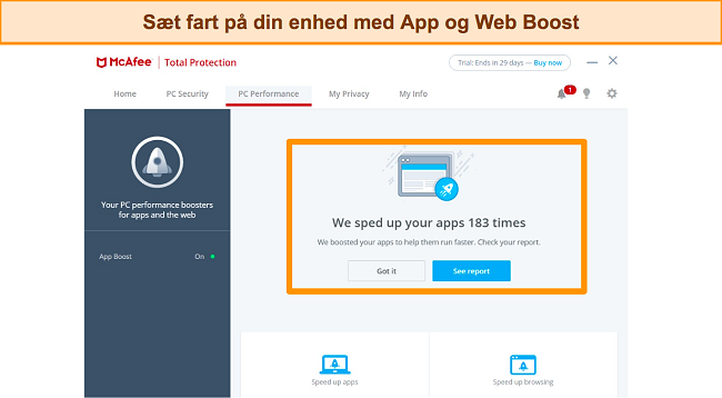 Sk&aelig;rmbillede af McAfees App og Web Boost-funktion