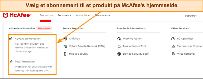 Sk&aelig;rmbillede af McAfees premium abonnementsplaner