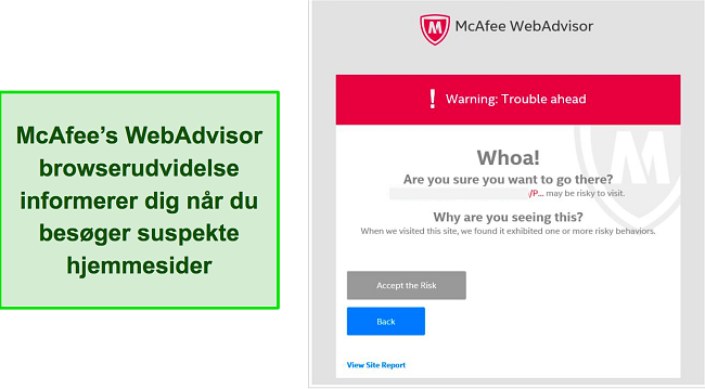 Sk&aelig;rmbillede af McAfee WebAdvisor, der blokerer trusler