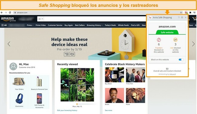 Captura de pantalla de la extensi&oacute;n del navegador Safe Shopping de Avira en Google Chrome.