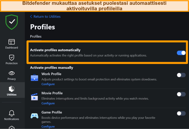 N&auml;ytt&ouml;kuva Bitdefenderin Profiles-asetuksesta korostettuna automaattisella aktivoinnilla.