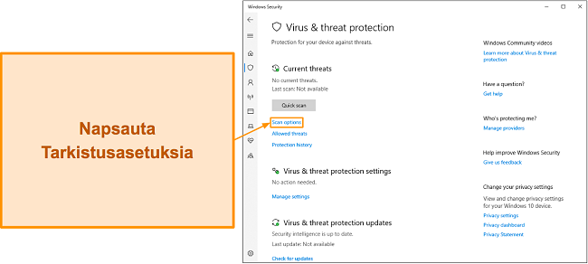 N&auml;ytt&ouml;kaappaus, joka n&auml;ytt&auml;&auml; kuinka p&auml;&auml;set Microsoft Defenderin skannausvaihtoehtoihin