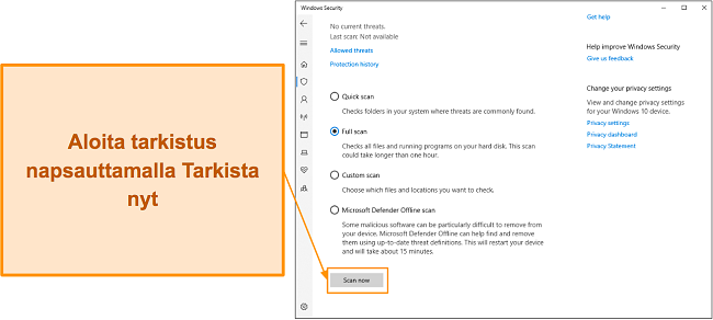 N&auml;ytt&ouml;kaappaus, joka n&auml;ytt&auml;&auml;, miten skannaus aloitetaan Microsoft Defenderill&auml;