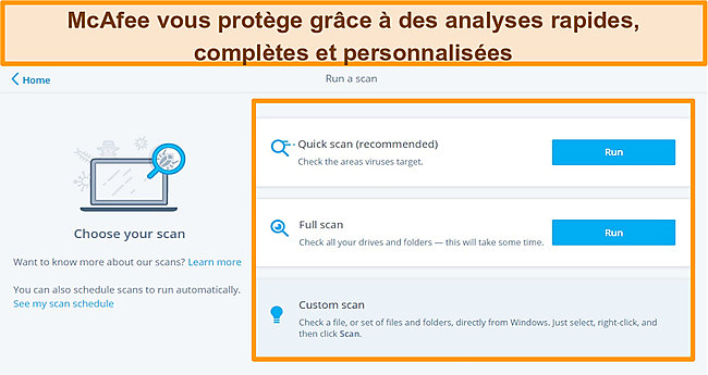 Capture d'&eacute;cran de l'application antivirus McAfee avec des options d'analyse rapide, compl&egrave;te et personnalis&eacute;e.