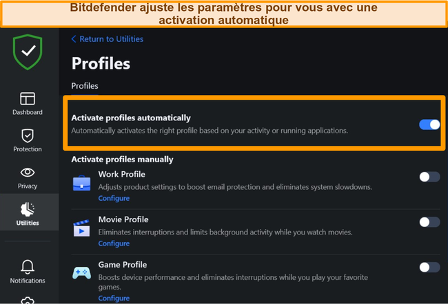 Capture d'&eacute;cran du param&egrave;tre Profils de Bitdefender avec l'activation automatique en surbrillance.